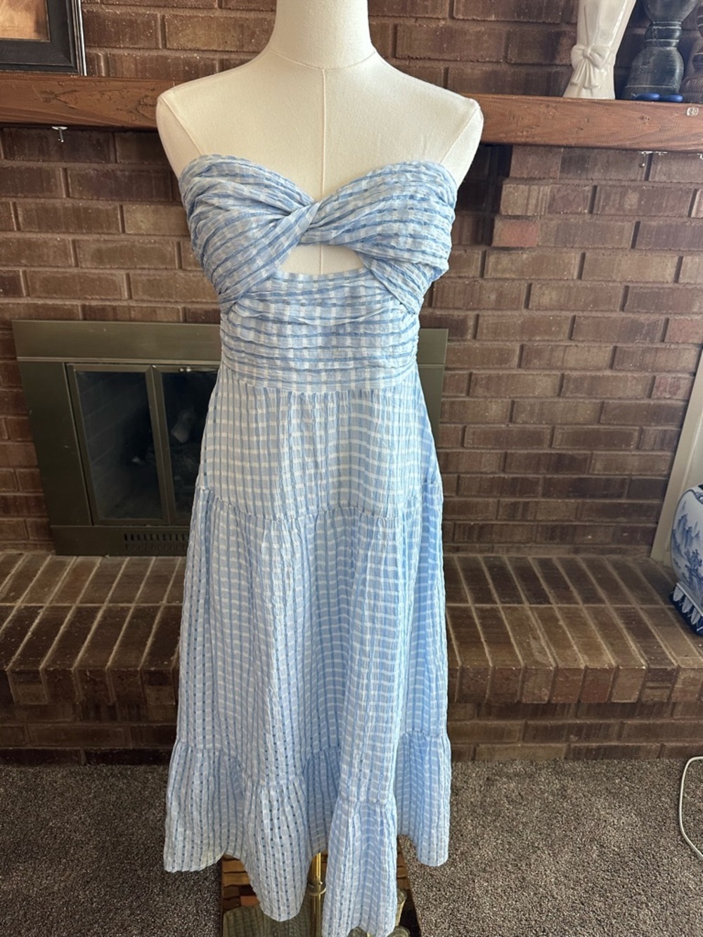 THML Blue Gingham Twist Cutout Tiered Midi Dress Coastal Resort S